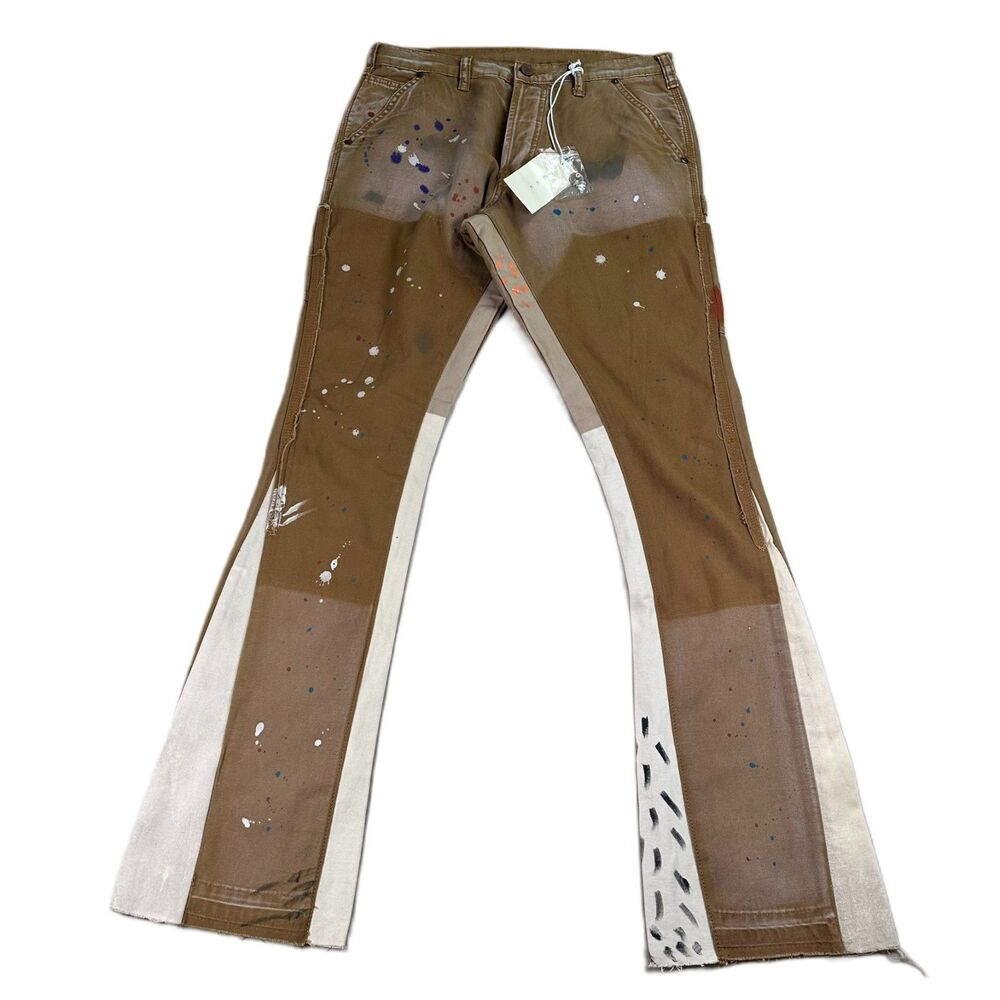 MNML B118 Work Flare Denim Jeans Mens 29 Brown Paint Splatter Patchwork Pants